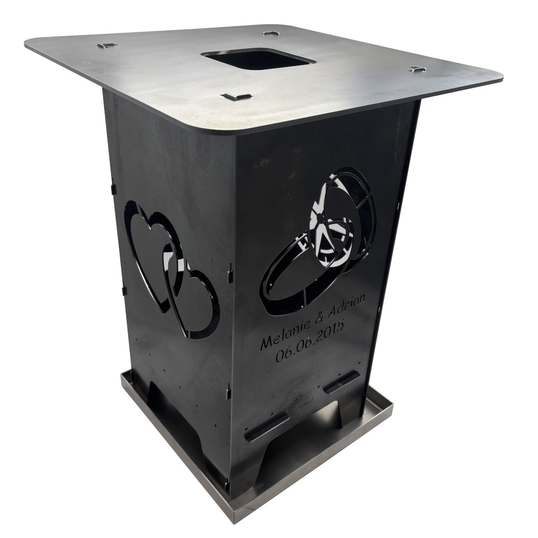 Feuertonne „Hochzeit“ 73,5cm aus 3mm Stahlblech mit Wunschtext – Bild 4